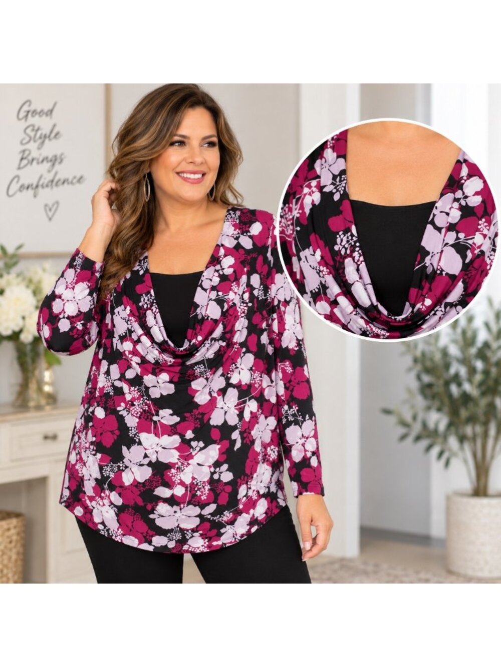 Covington Womens 1X Floral Cowl Neck Tunic Top Black Pink Stretch Plus Size
